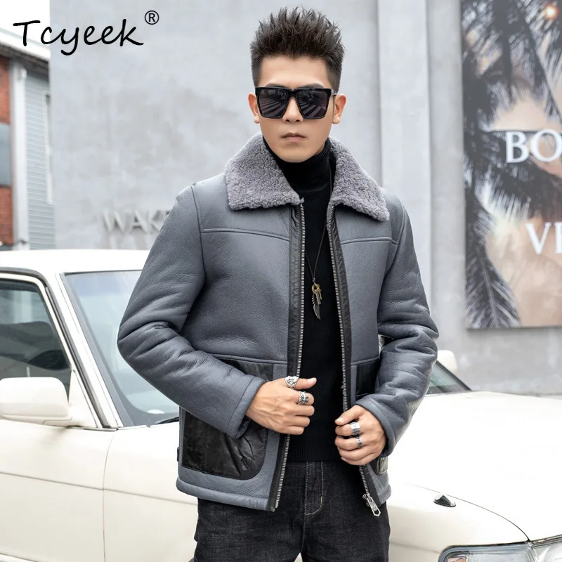 Tcyeek Natural Sheepskin Fur Coat Men Fashion Genuine Leather Motorcycle Jacket Winter Mens Clothes Lamb Wool Real Fur Coats