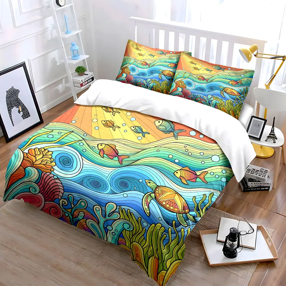 Ocean Theme Art Decor Set Bedding Set with 1 Duvet Cover 2 Pillowcases Single Double King Queen, Gift