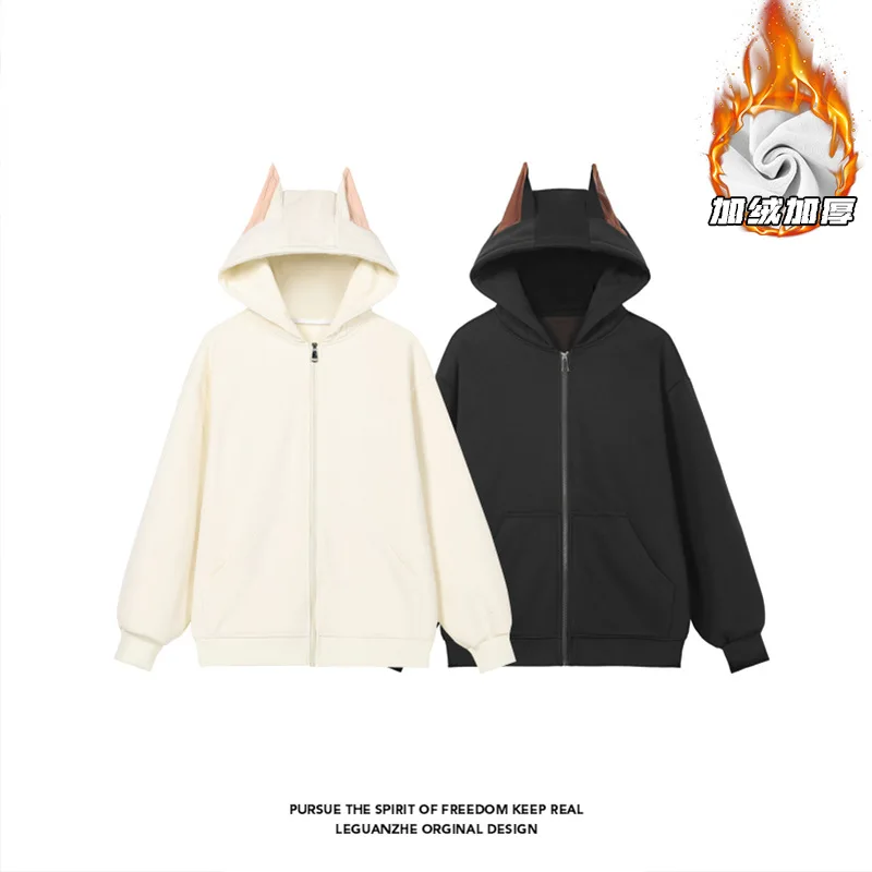 

【Mirrordust】25 Winter Plus Size Fleece Gothic Style Sweatshirt Street Halloween Black Zipper Hoodies for Men and Women M-5X