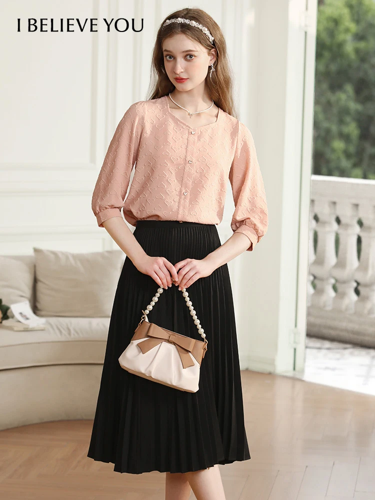 I BELIEVE YOU Pink French Women Shirt 2023 Autumn Square Collar Puff Sleeve New Unique Chic Office Lady Solid Top 2233055284