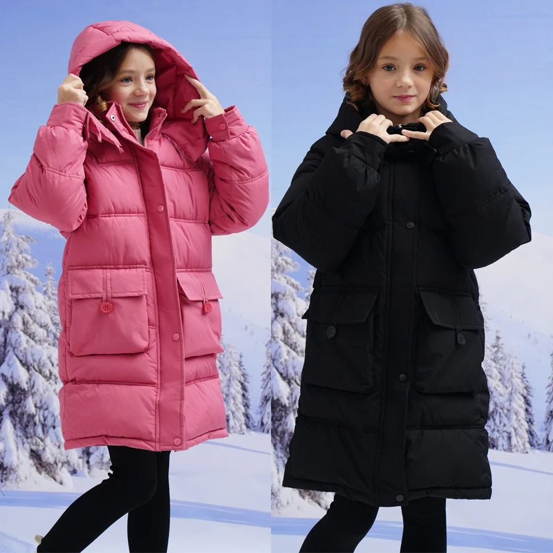 Winter Girls Jacket Long Solid Color Thick Keep Warm Hooded Windbreak Coat For Girls Fashion Snowsuit 4 5 6 8 10 12 14Years Teen