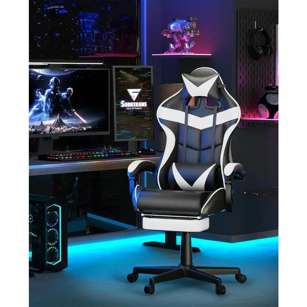 White Gaming Chairs with Footrest, Video Game Chairs fo Teens,Ergonomic Gamer Chair with Headrest，Recliner Chair(Polar White)