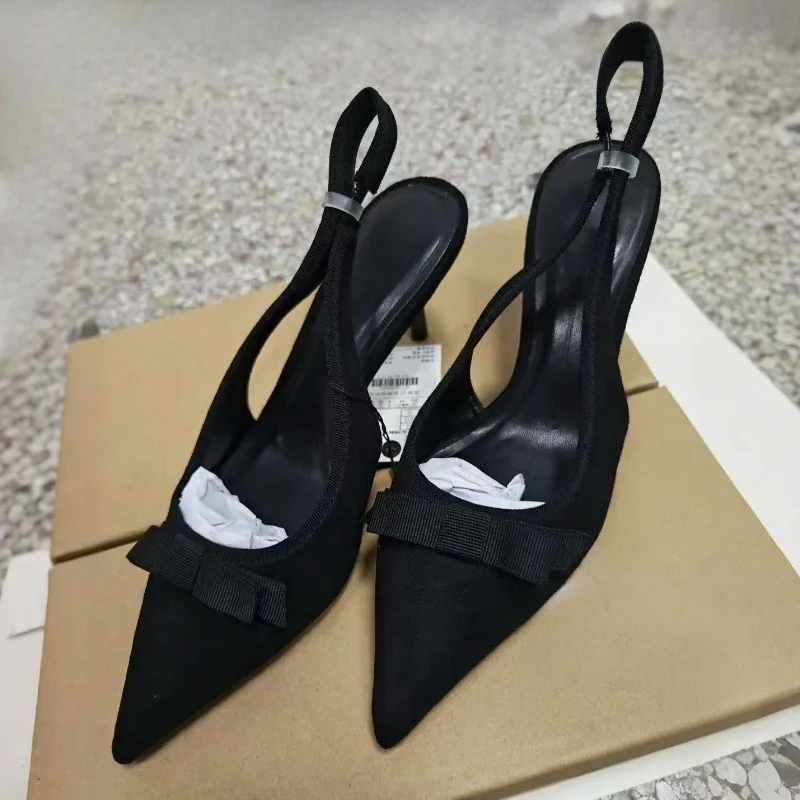 

Women Slingback Heels Stiletto Pumps Black Bowknot Pointed Toe 2025 New Party Shoes Elegant Wedding Heels Evening Dress Pumps
