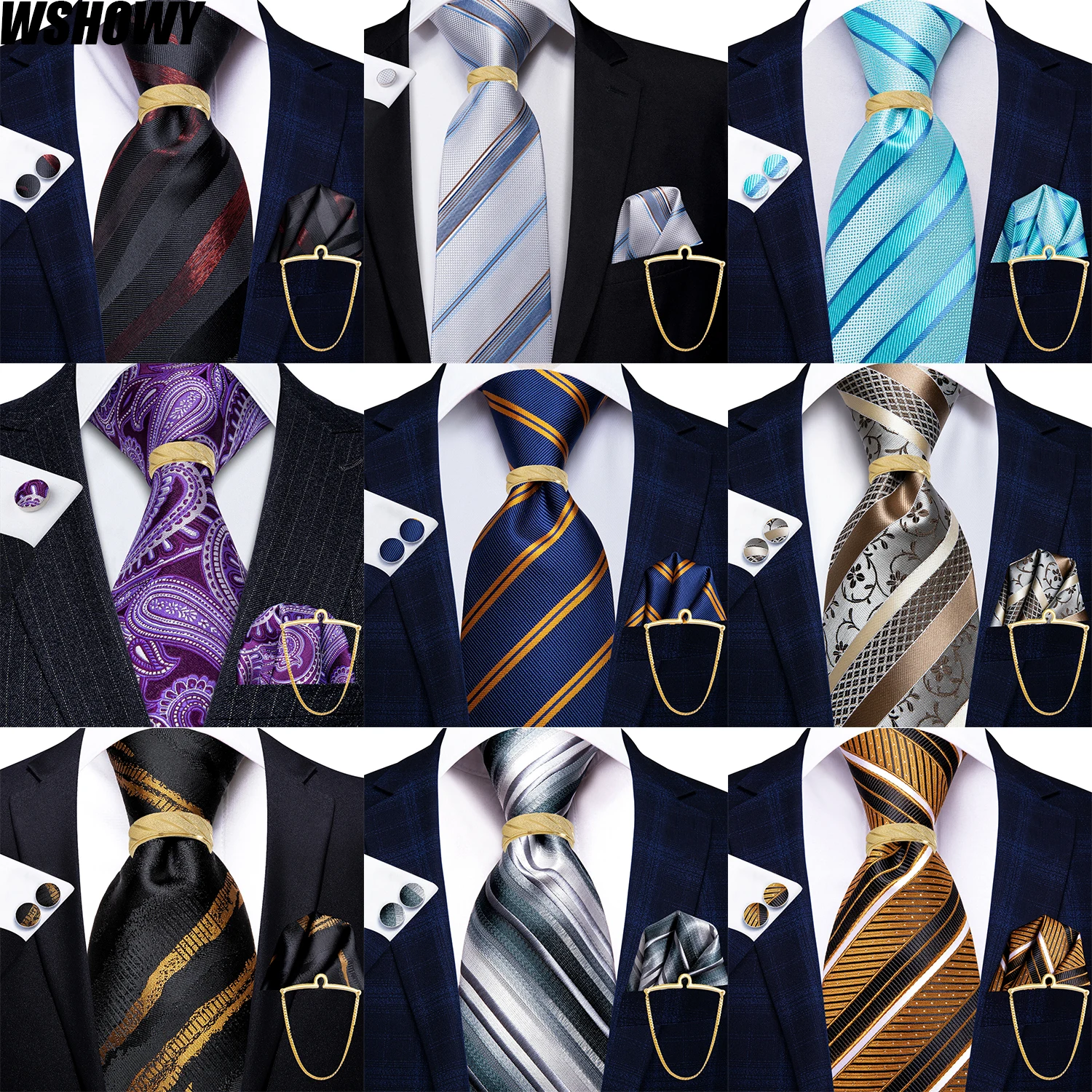 Hi-Tie 5PCS Mens Necktie With Hankie Cuffs Ring Chain-Gift Tie Set Fit Wedding Prom Office Fashion Design Quality Dropshipping