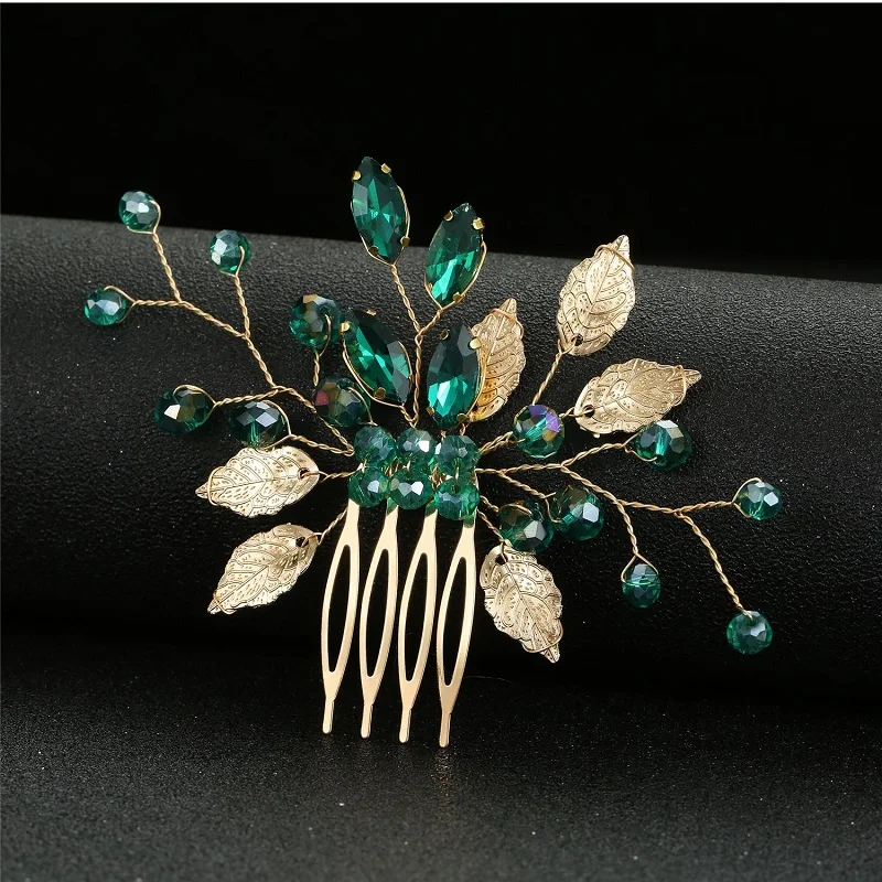 Floralbride Handmade Trendy Alloy Green Rhinestones Crystal Bridal Headband Hair comb Pins Wedding Headpieces Women Girl Jewelry