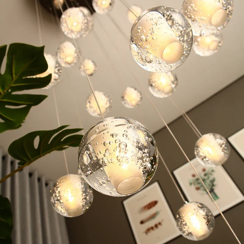 LED Crystal Glass Ball Staircase Chandeliers Pendant Lights Living Room Villa Hall Decor Hanging  Lamp Luxury Suspension