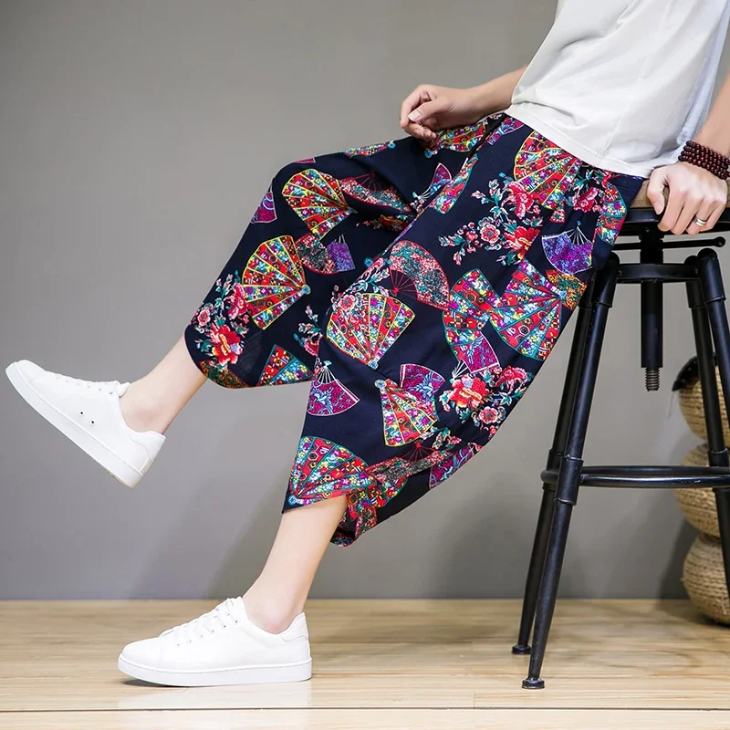 Męskie spodnie na lato 2025 w stylu Harajuku, codzienne, do połowy łydki, szerokie nogawki, bawełniano-lniane, z nadrukiem, haremki, odzież męska, moda, luźne.
