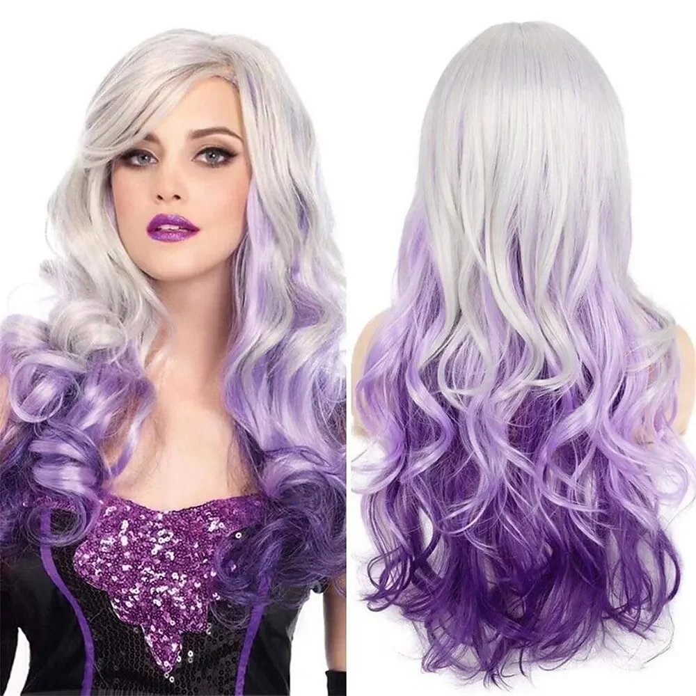 

Synthetic Hair Long Curly Wavy Silver Grey to Purple Side Part Cosplay Wigs for Women Halloween