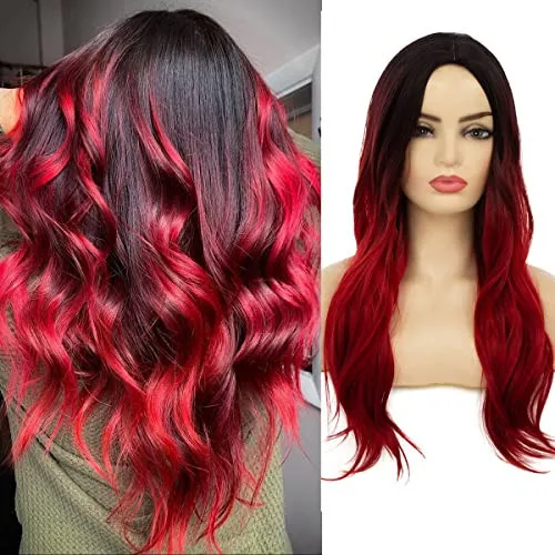 

Long Wavy Ombre Black Red Wig Synthetic Natural Middle Part Cosplay