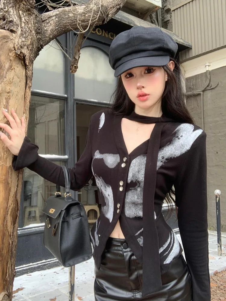 

Elegant Long Sleeve V-Neck Spray Dyeing Open Cardigan Women's Autumn Winter Design Sensual Pure Desire Fashion Age-Defying Sp...