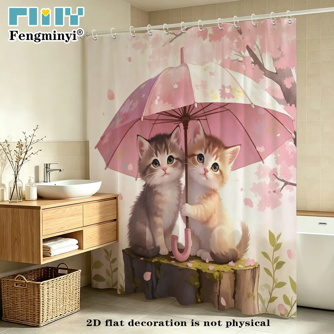 Cute Kitten Shower Curtain, Pink Umbrella & Cherry Blossom Print, Waterproof Bathroom Decor, Sweet Cat Art Bath Screen, Home