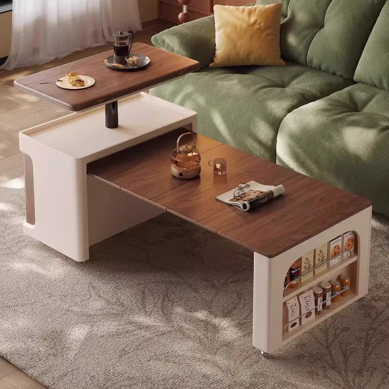 Movable coffee table, solid wood living room multi-functional lifting and retractable folding sofa