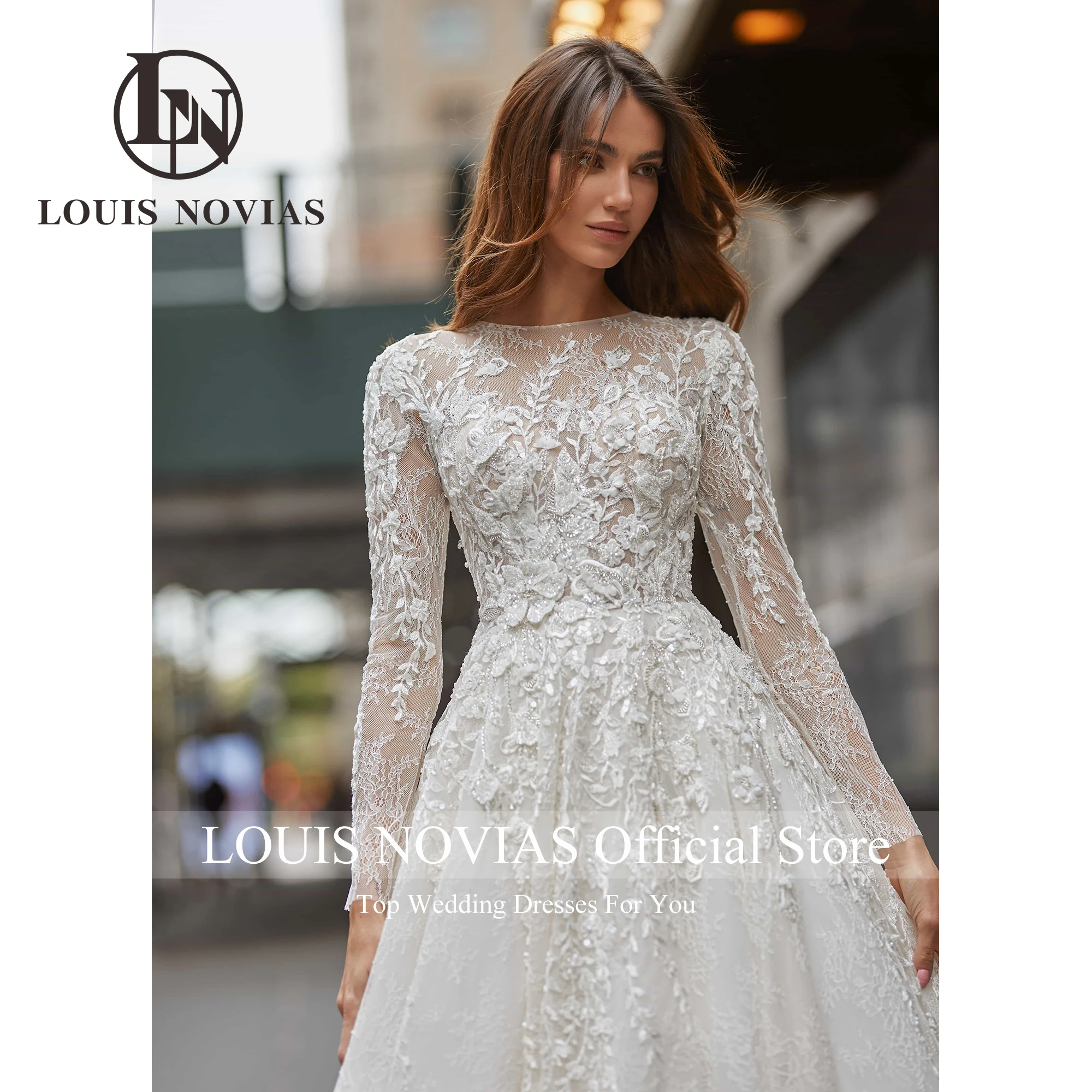 LOUIS NOVIAS Abiti da sposa a-line SCOOP Paillettes Illusion Che borda Manica lunga Pennello Treno Abito da sposa Abiti da sposa