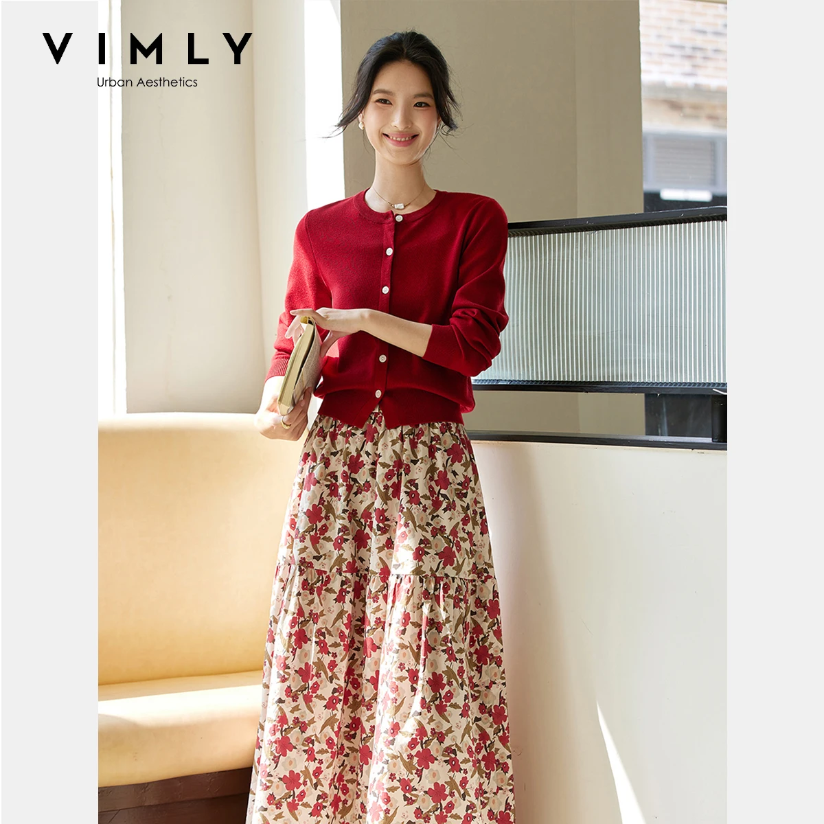 

VIMLY Skirt Suit Two Parts Women Holiday Elegant Long Sleeve Knit Cardigan Printing Long Skirts Ladies Two Pieces Outfits A2055