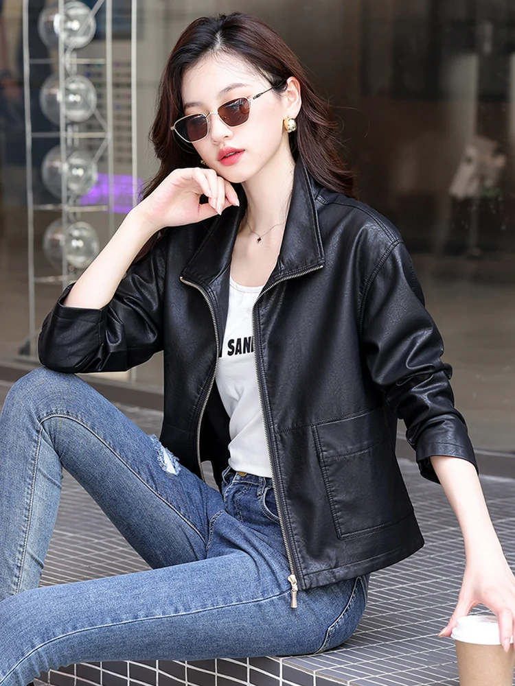 Chaqueta de cuero de cordero Napa para mujer, ropa de abrigo para primavera y otoño, nueva, talla pequeña, estilo motero de alta gama, con cierre de cremallera
