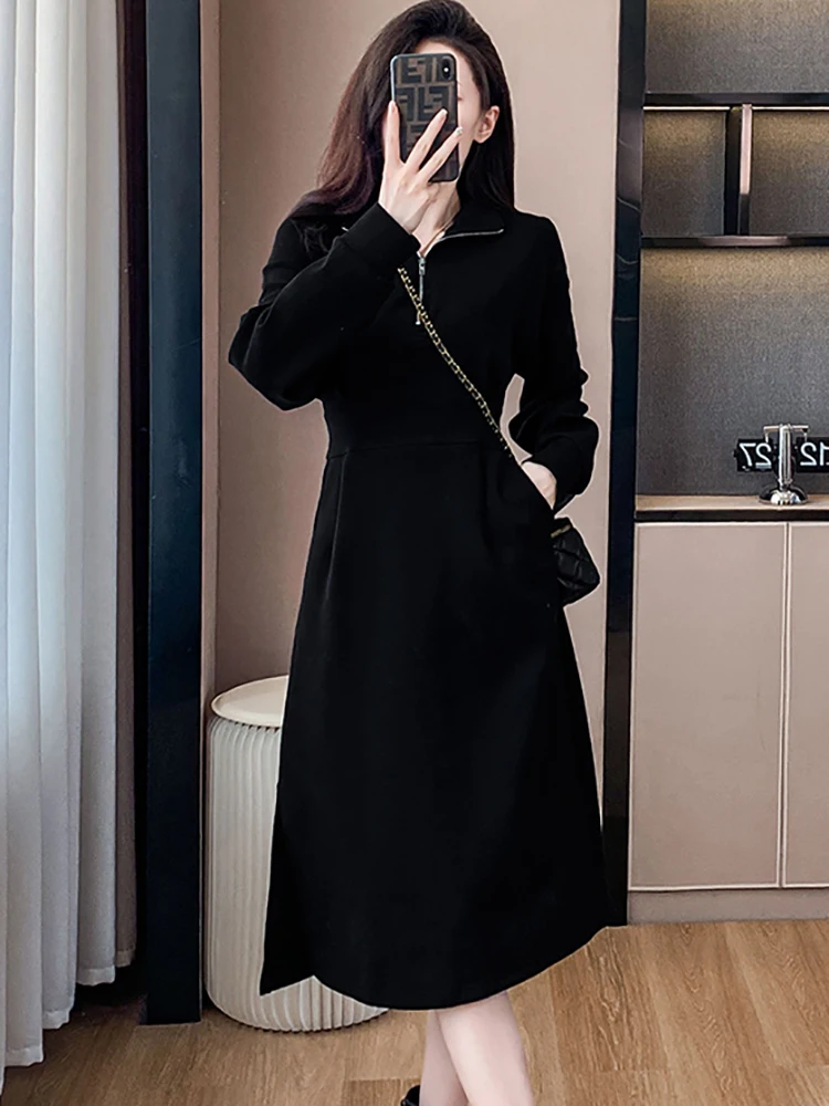Herbst Winter Schwarz Langarm Polo Kragen Midi Kleid Frauen Vintage Hepburn Luxus Abendkleid 2025, Koreanische Elegante Prom Kleid