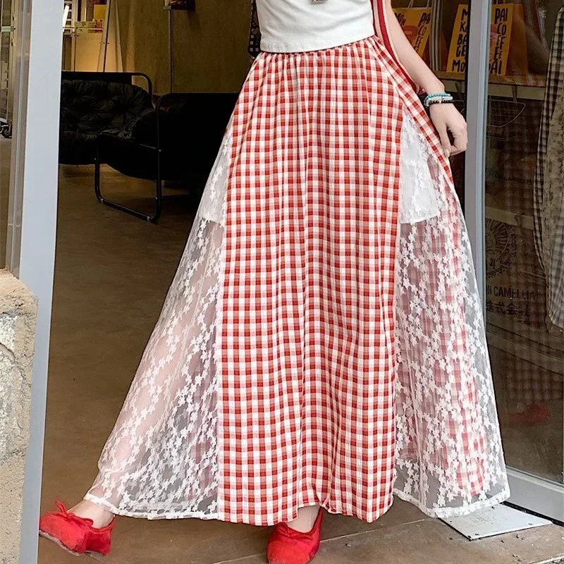 

Woman Lace Patchwork Plaid Skirt Sweet Midi Skirt Summer College Style Mid-length A-line skirt Soft Fashion Dress