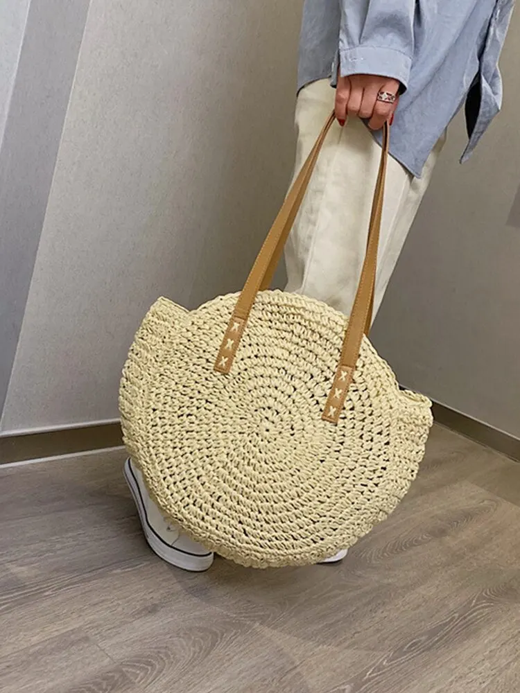 Paille Crochet Épaule Ronde Nouvelle Unique Épaule Femmes Sac Plage À La Mode Simple Artistique Loisirs Voyage