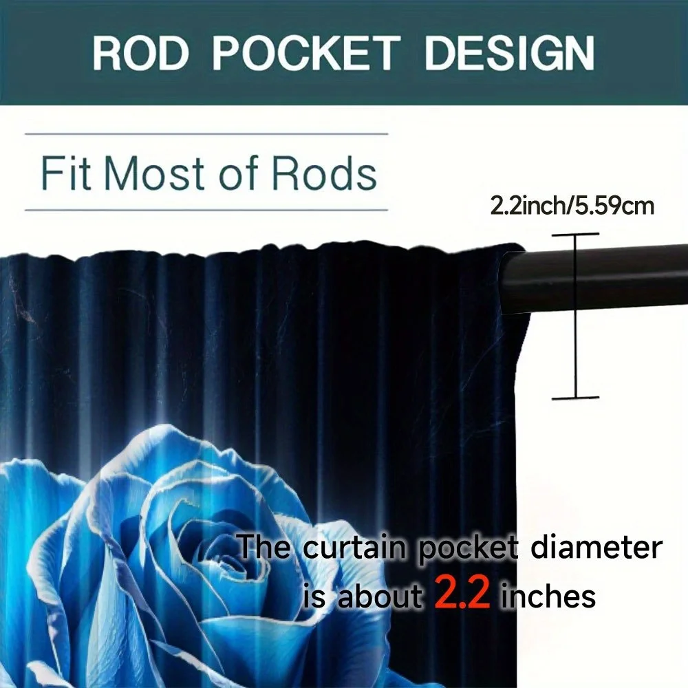 Glowing Red Blue Rose Curtains 2 Panels, Shiny Metallic Leaf Lightning Dark Gradient Background for Romantic Bedroom Curtain