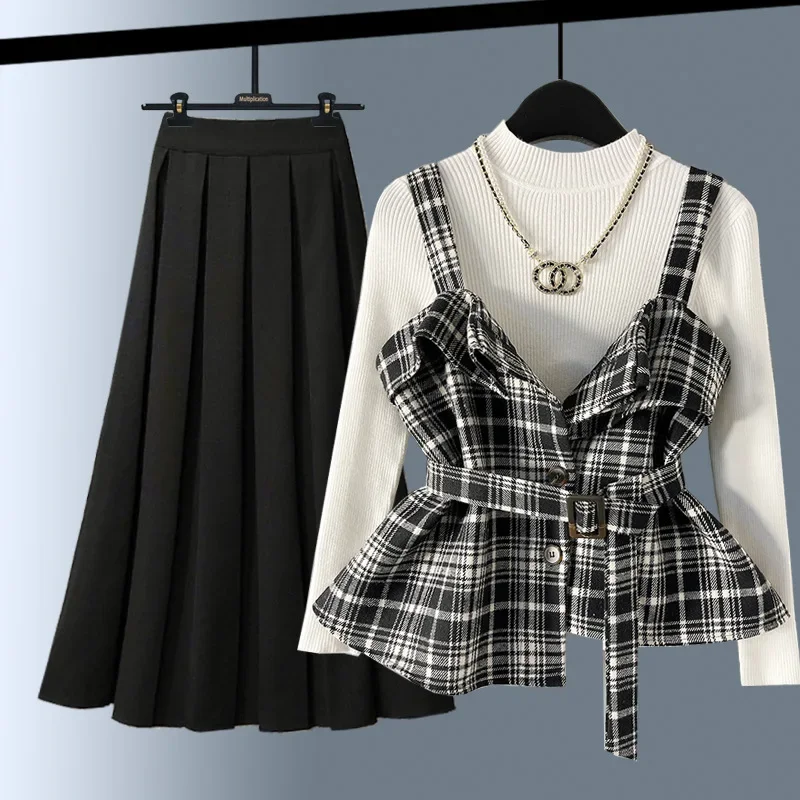 الراقية تويد منقوشة سترة غير متناظرة + طبقة قاعدة سترة + مطوي تنورة صغيرة المرأة طاقم الرقبة البلوز معطف