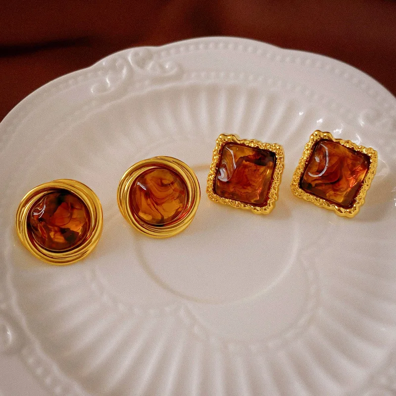 Pendientes redondos cuadrados marrones, pendientes de resina de la serie Maillard Vintage francesa, pendientes geométricos irregulares para niñas, joyería para las orejas