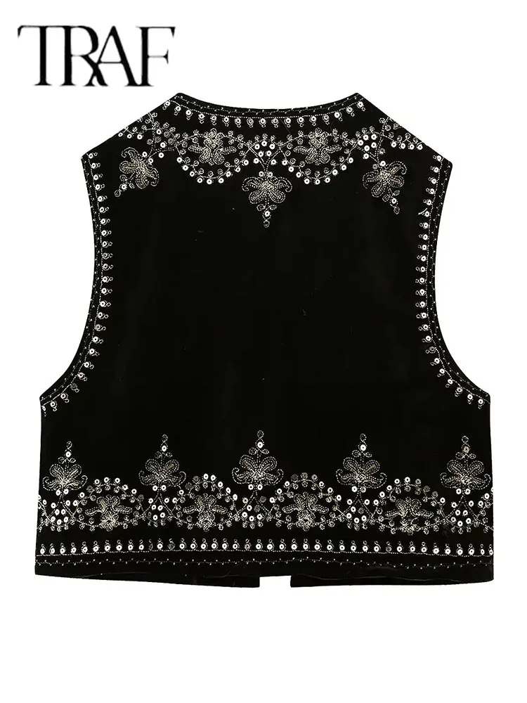 TRAF Vintage Autumn Velvet Embroidered Vest Sleeveless Jacket Women V Neck Chic Waistcoats Female Fashion Vests Coat 2023