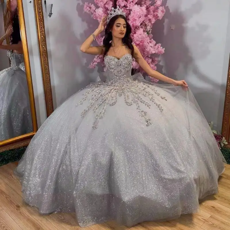 Maßgeschneiderte graue Ballkleid-Quinceanera-Kleider, Vestidos de 15 Jahre, Applikation, Perlen, formelle Prinzessin-Geburtstagsparty-Kleider