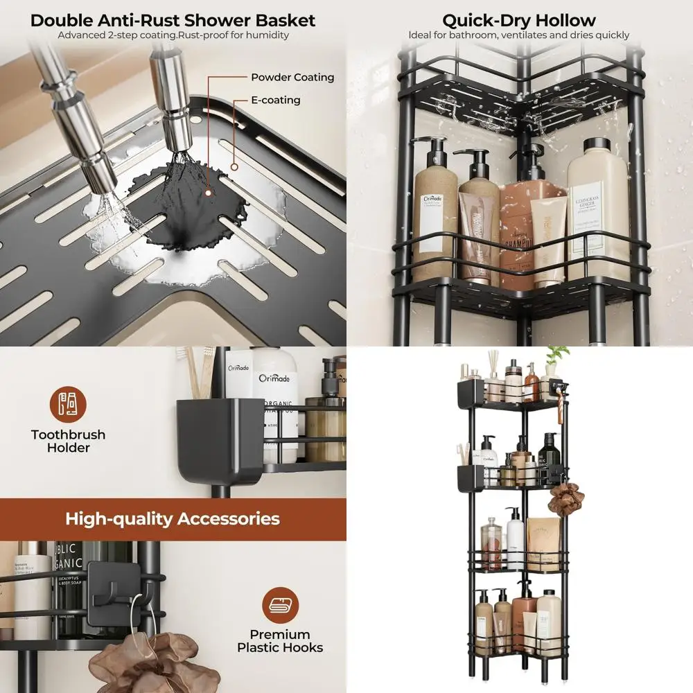 

4-Tier Corner Shower Caddy Organizer with Toothbrush Holder, Large Spacing Floor Shower Shelf Rack Storage Stand for Bathroom an