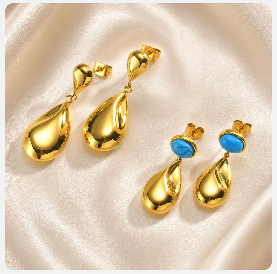 Vnox Elegante Tropfenohrringe für Damen, trendiger Edelstahl, 18K vergoldet, Naturstein, blauer Türkis, tropfenförmige Hängeohrringe – Detail 6
