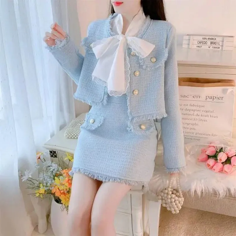 2 pieces of women's sky blue tweed set short jacket+half skirt 2024 new spring/autumn set