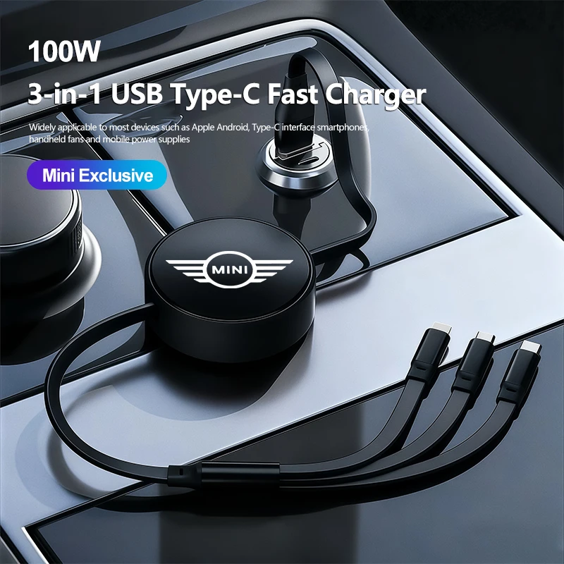 

3-in-1 USB Type-C Fast Charger Plug Car Telescopic Data Cable For Mini Cooper JCW Works F54 F55 F56 F57 F60 R50 R52 R53 R55 R56