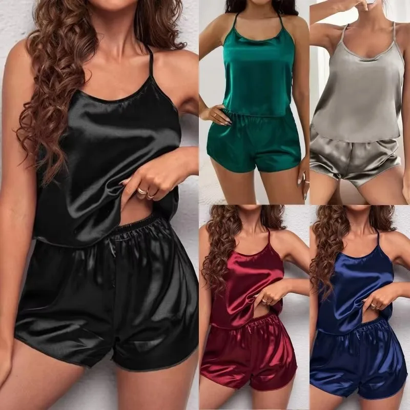 

Women's Sleepwear Sexy Lace Satin Pajama Sets Nightwear Sleeveless Tops+Shorts 2 Pcs Sets Pyjama Sets for Women PijAMA