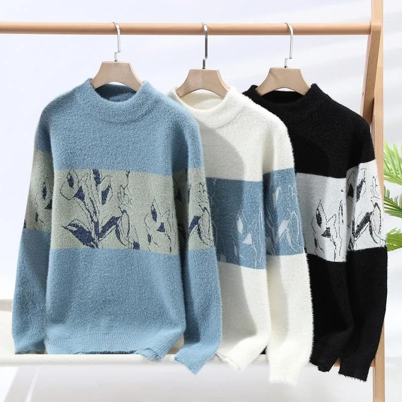 เสื้อสเวตเตอร์พิมพ์ลายหญ้าและไม้เสื้อสเวตเตอร์ฮิปฮอปคอเต่าครึ่งท่อนของผู้ชายเสื้อสวมหัวกันหนาวสำหรับฤดูหนาว2023