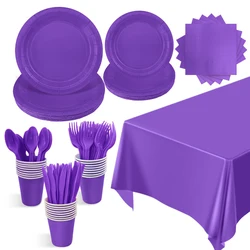 Sólido Roxo Decorações De Festa De Aniversário Para Meninas Louça Descartável Copos Material De Papel Guardanapos Placas Garfo Colher Toalha De Mesa