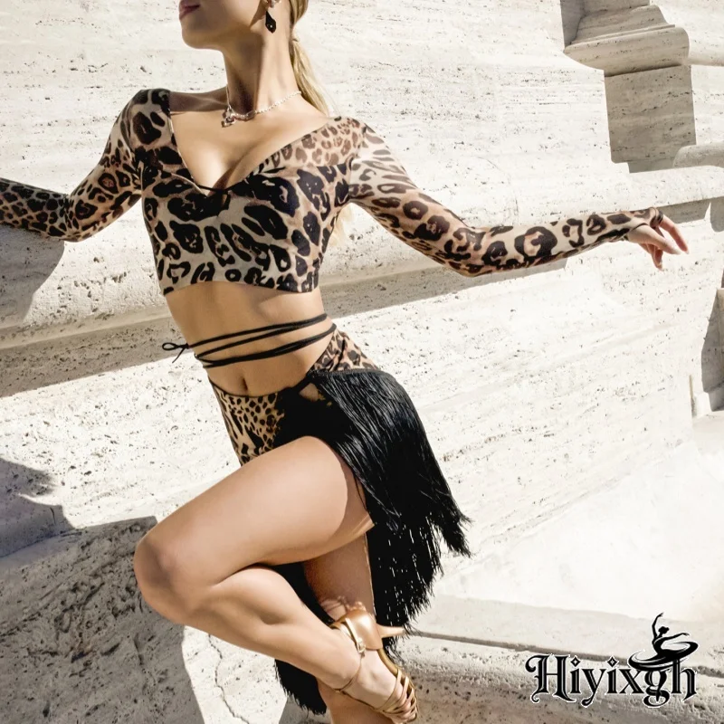 Women's high-end sexy leopard print tassel set tango cha samba rumba professional performance clothes competition costume