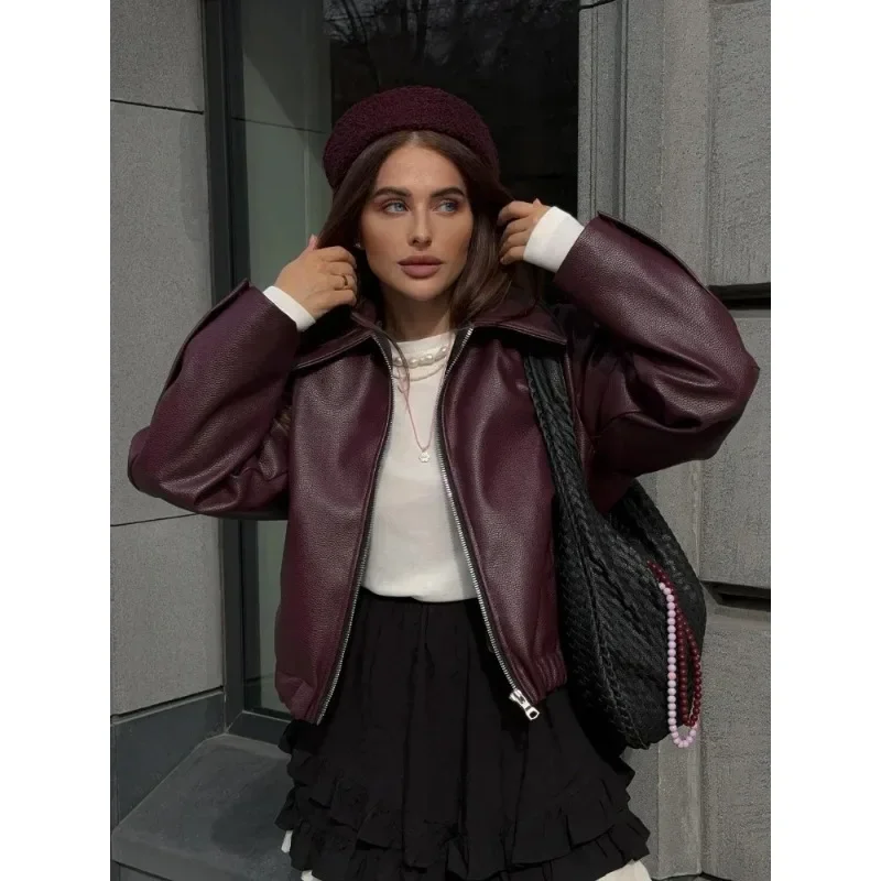 Elegante feste Reiß verschluss Leder kurze Jacken Frauen solide lange Ärmel Revers Bomber jacke Mode pendeln Streetwaer