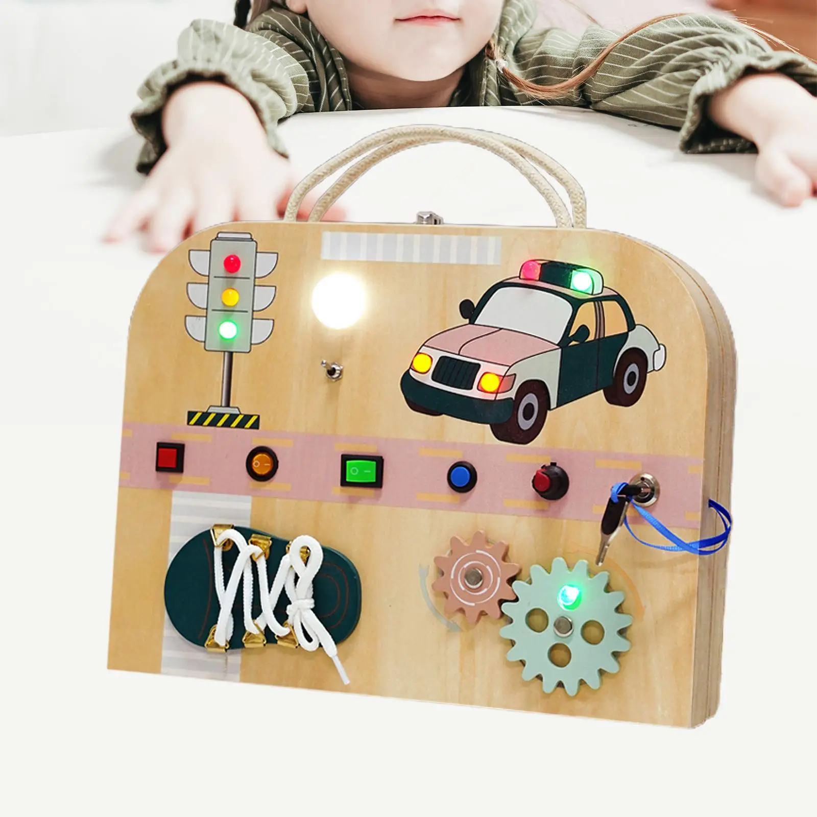 

Montessori Toddlers Busy Board Motor Skills Wooden Busy Suitcase Handcraft Toy Teaching Aids for 1+ Year Old Lights Switch Toy