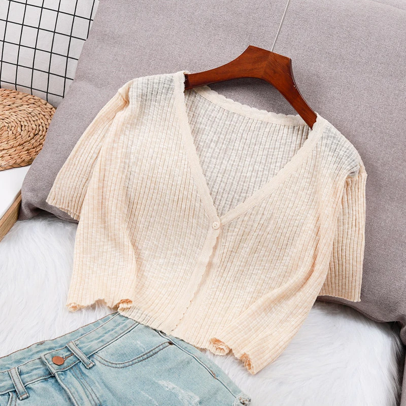 Summer Thin Knit Cardigan Sweater Women 2024 New Shawl Sun Protection Short Sleeved Top Korean V-neck Lace Slim Short Top