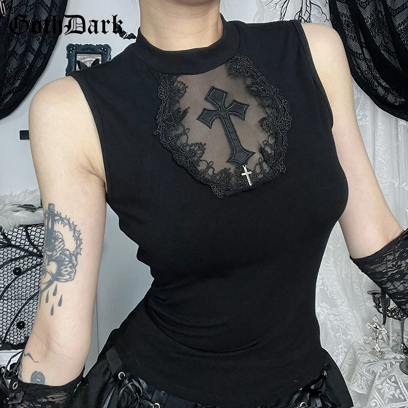 

Goth Dark Summer Tanks Top Solid Basic Techwear Tops Women Mall Gothic Mesh Patchwork Cross Vest Sleeveless T-shirt Alt Clothing