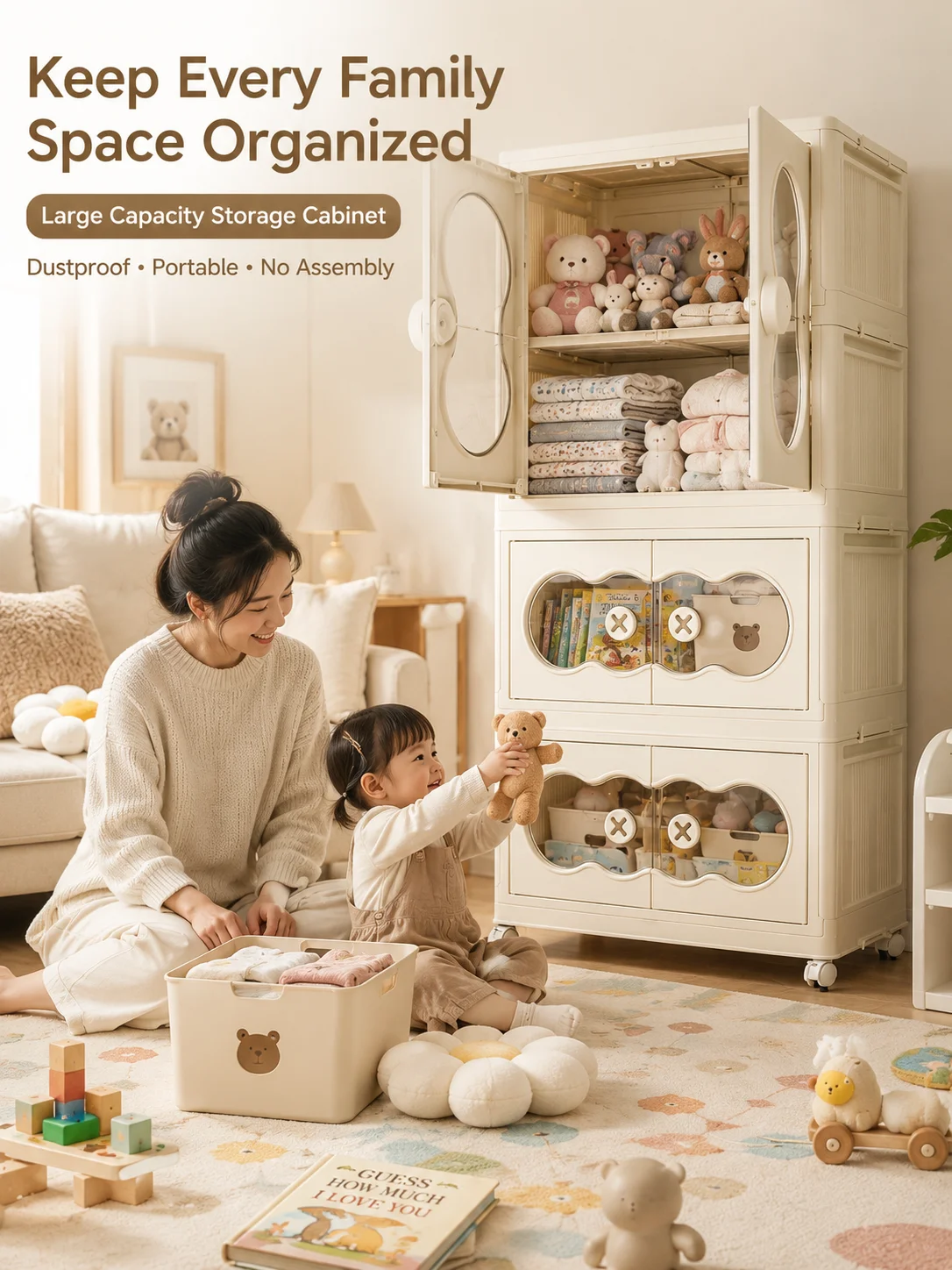 Foldable Kids Wardrobe No Assembly, Cute Bear Door PP Plastic Baby Closet with 360° Wheels, Formaldehyde-Free Freestanding Children Clothes Storage Cabinet, Stackable Nursery Organizer for Toys Books Garments