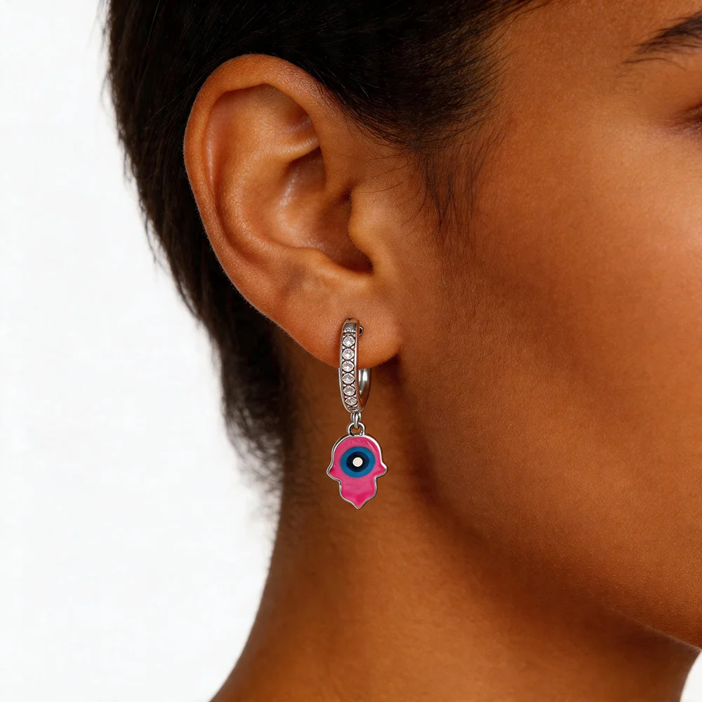 Light Luxury Niche Design Pink Palm Devil's Eye Drop Oil Pendant Earrings Allergic Distinctive Women's Earrings