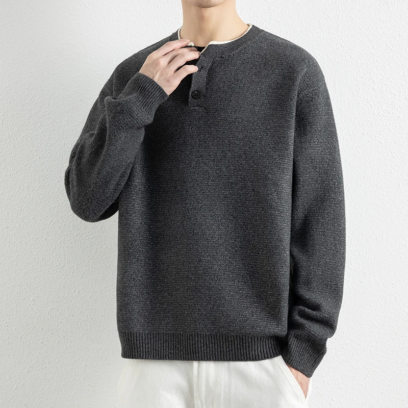 

Мужской вязаный свитер с воротником хенли, теплый повседневный модный шерстяной свитер с длинным рукавом для осенне-зимнего сезона