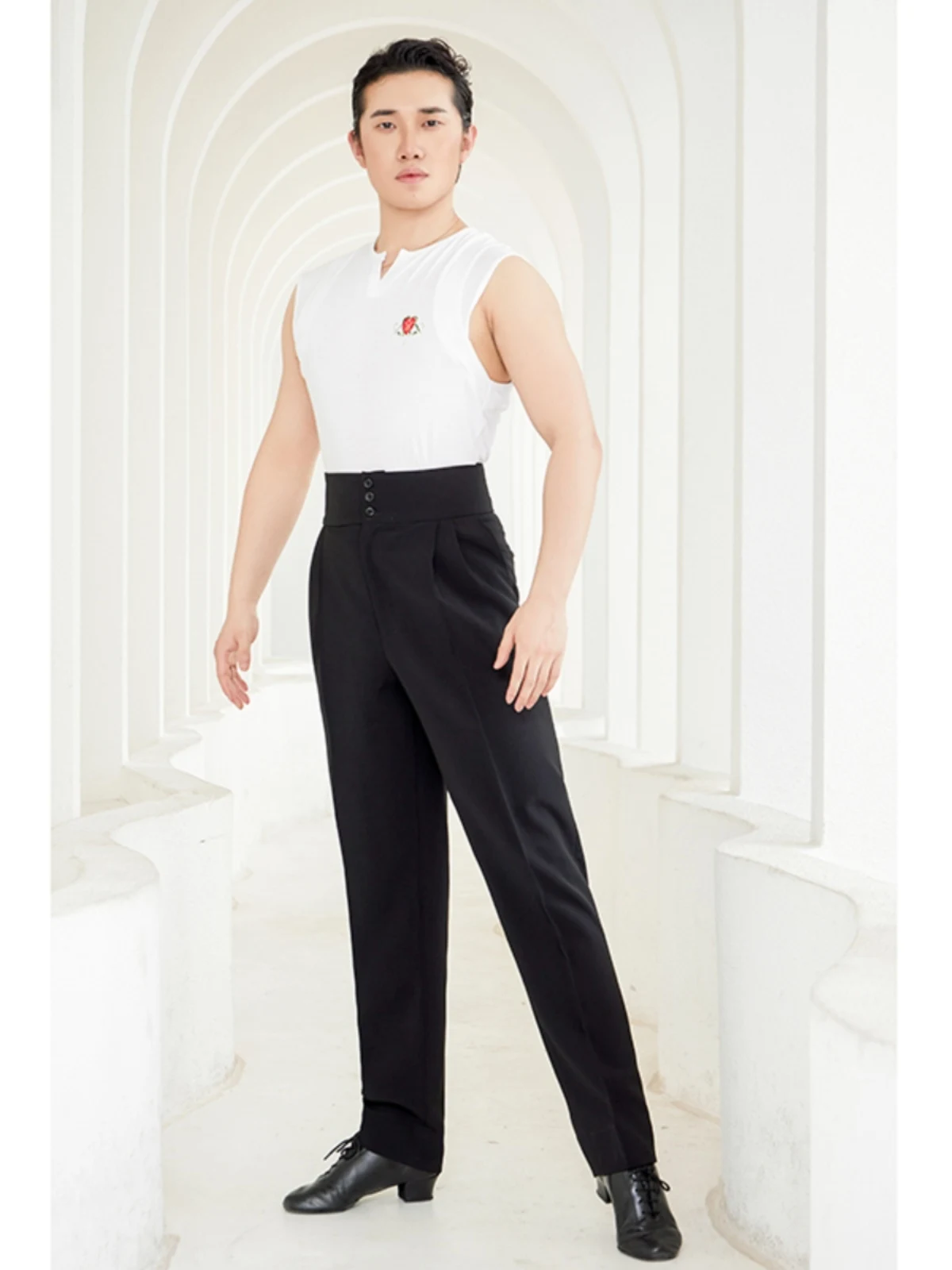 Pantalons de spectacle de danse latine pour hommes, pantalons noirs à Double boutonnage, Chacha Rumba Tango, vêtements de danse latine pour adultes, 2025 DQS16451