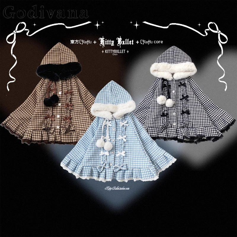 

New Japanese Mine Sweet Lolita Plaid Hooded Cloak Winter 2025 Girl's Cute Bow Single-Breasted Short Jacket Y2K Capes for Women