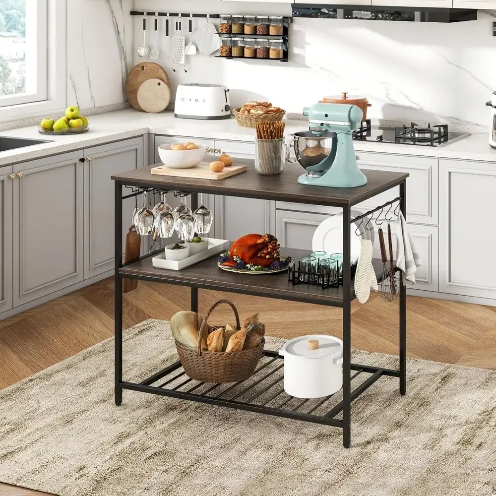 48 Multi-tier Kitchen Island with Worktop, Industrial Style Metal Storage Rack, Easy Assembly - Gray & Black