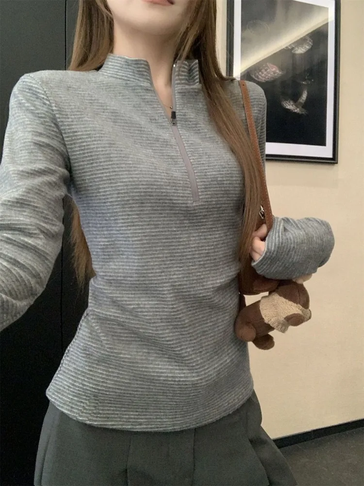 

Новые осенне-зимние шикарные теплые пуловеры женские элегантные облегающие полуводолазки на молнии базовые топы Harajuku повседневная верхняя одежда одежда