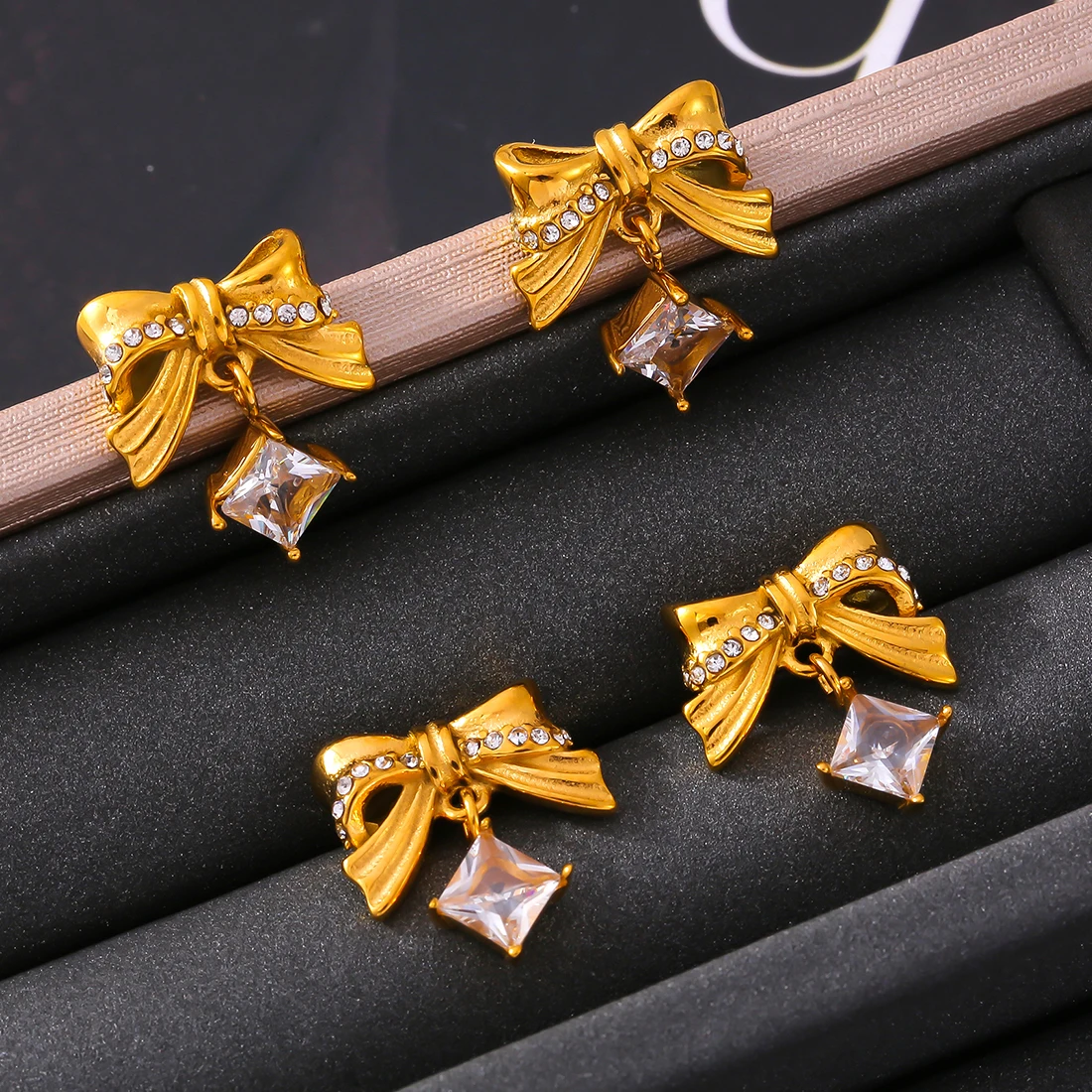 Bowknot Fashion Earrings for Women Stainless Steel Square White Zircon Ear Stud Charm Female Gold Plated Jewelry Wholesale