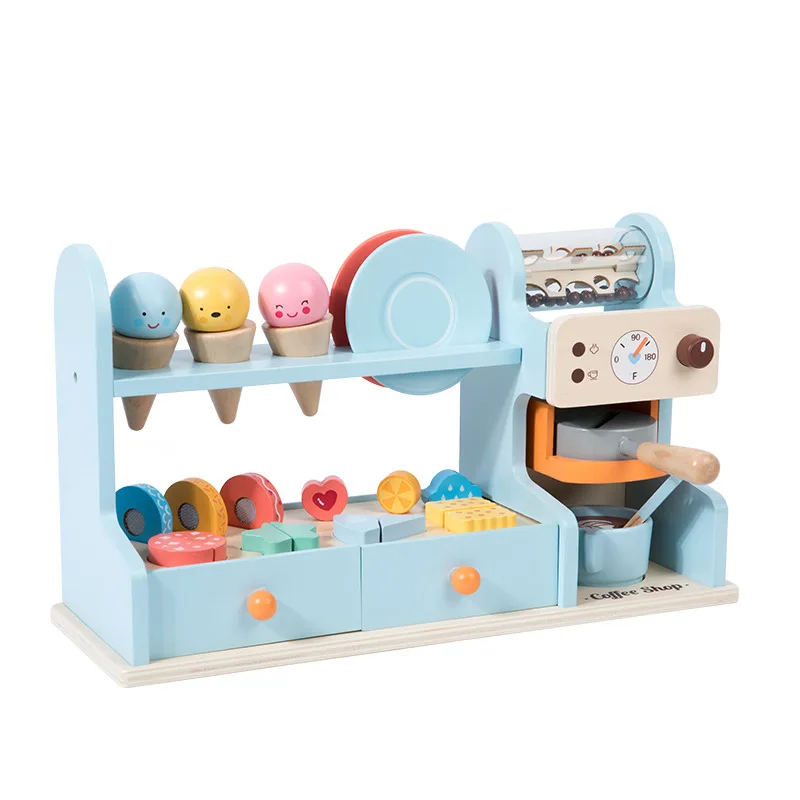 

New Role Play Wooden Simulation Ice Cream Machine Coffee Shop Mini Kiosk Dessert Station Life Scene Simulation Toys for Kids