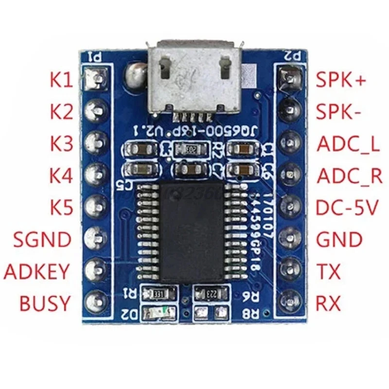 JQ6500 Voice Module MP3 Module MCU Serial Control Broadcast, One-to-One 5-Way Control, Music IC