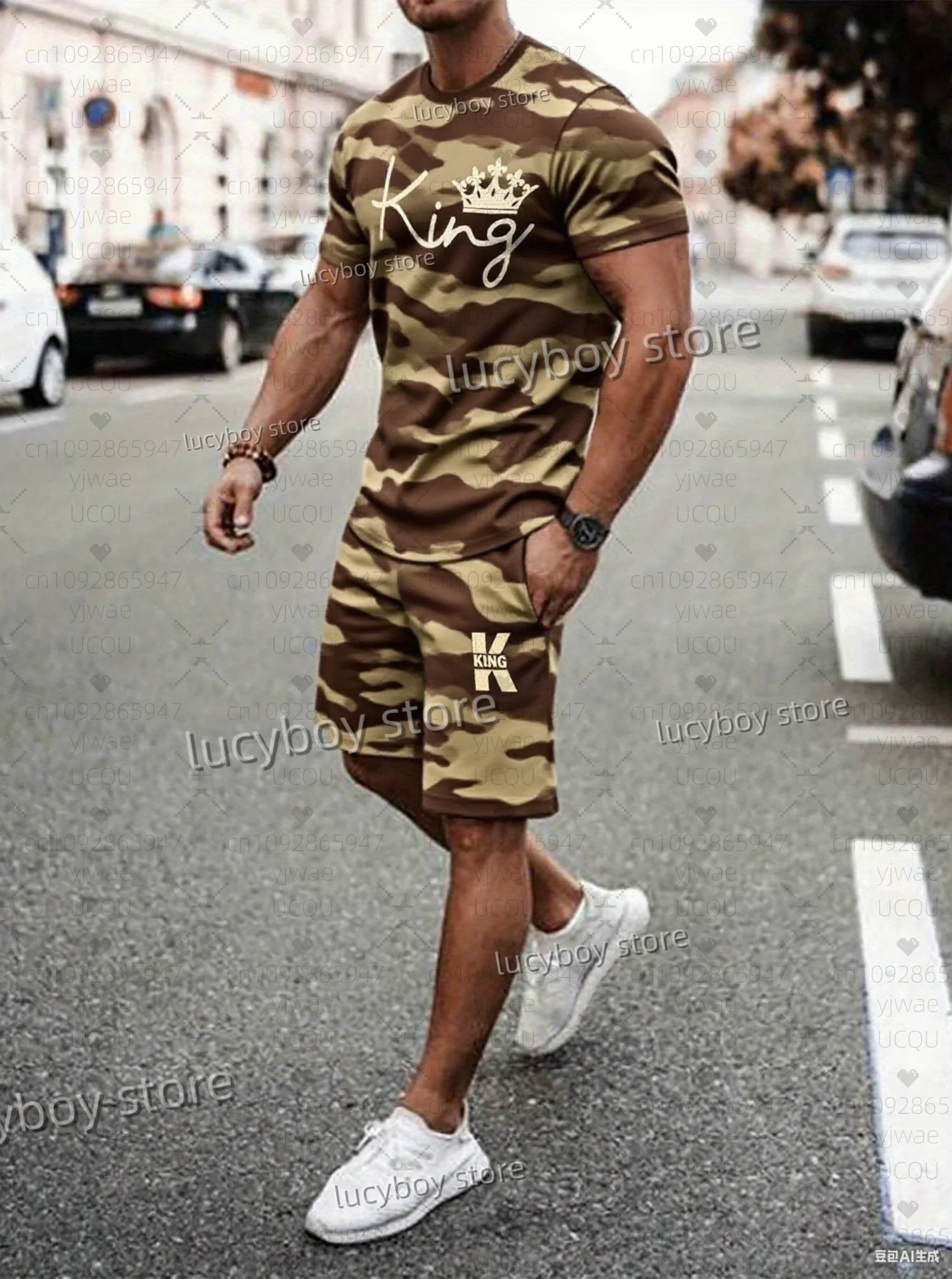 Summer Men 3D Camouflage KING  Print Set Short Sleeve T-Shirt Shorts Set Adult Sport Jogging Plus Size Tracksuit 2 Piece Set